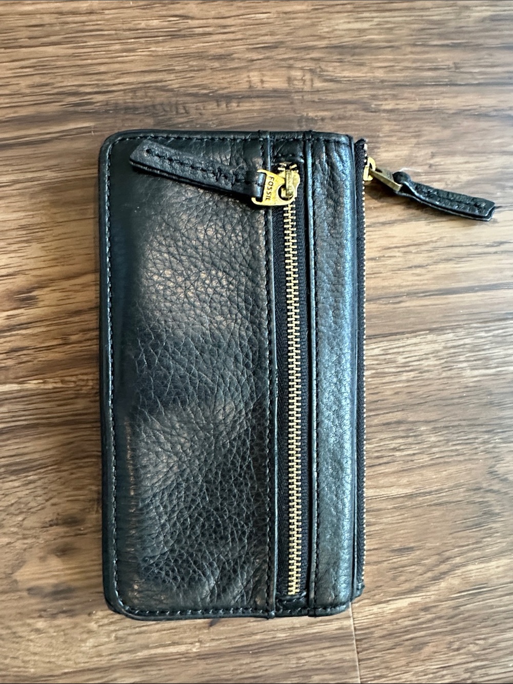 Fossil Black Leather Zip Wallet with Gold Hardware